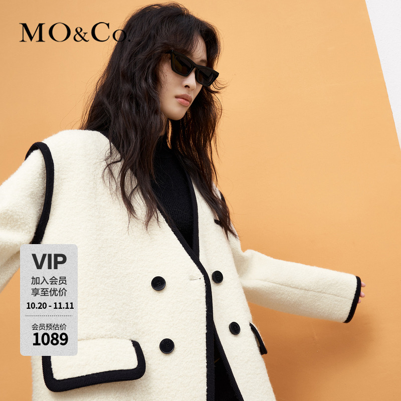 MOCO冬季绵羊毛混纺撞边宽肩毛呢小香风休闲外套女士MBC4COTT02