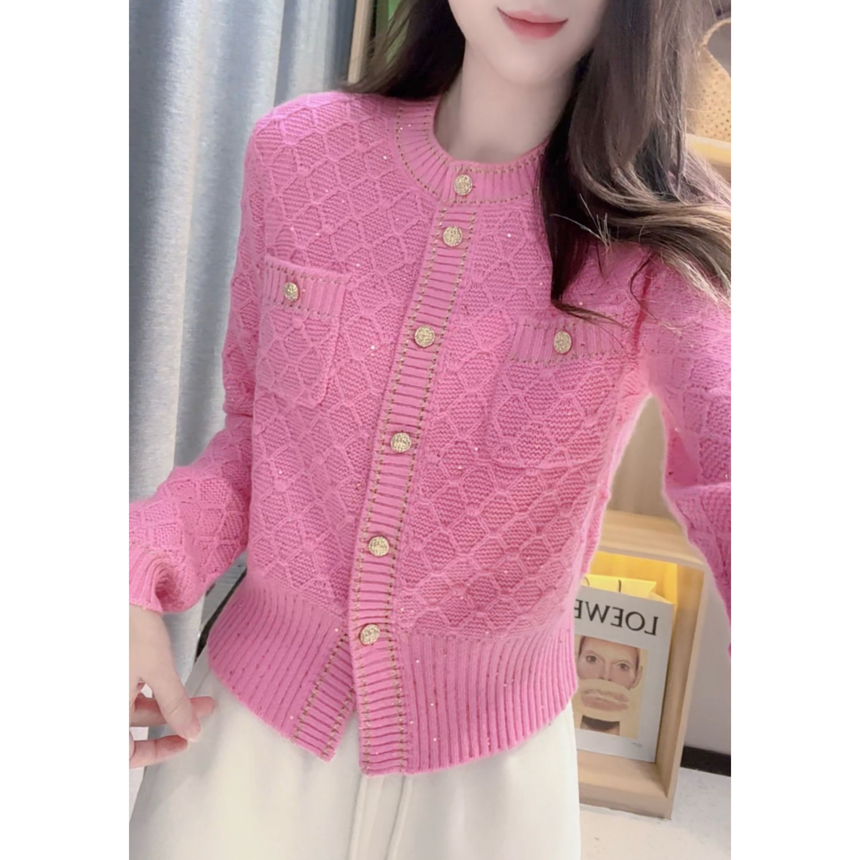 JL【小香风菱格珠片全羊毛 】2025秋冬新款长袖针织开衫外套