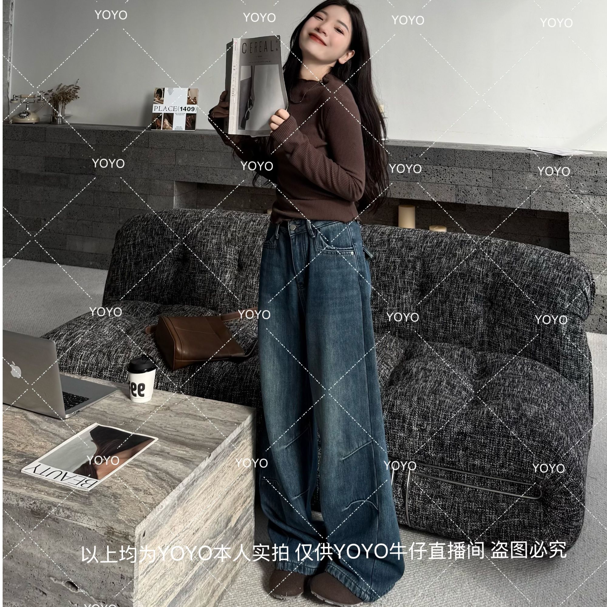 YOYO自制1【设计口袋】加绒加厚冬款复合密密绒宽松阔腿拖地裤