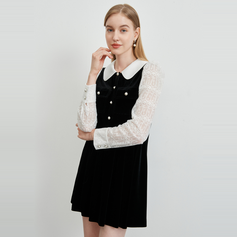 【诗语专属】恩曼琳春娃娃领珍珠扣刺绣网纱拼接丝绒连衣裙女EANCAH