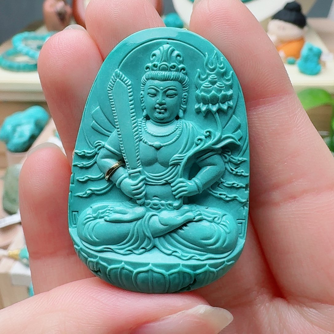 绿松石未镶嵌高瓷绿精雕虚空藏牌