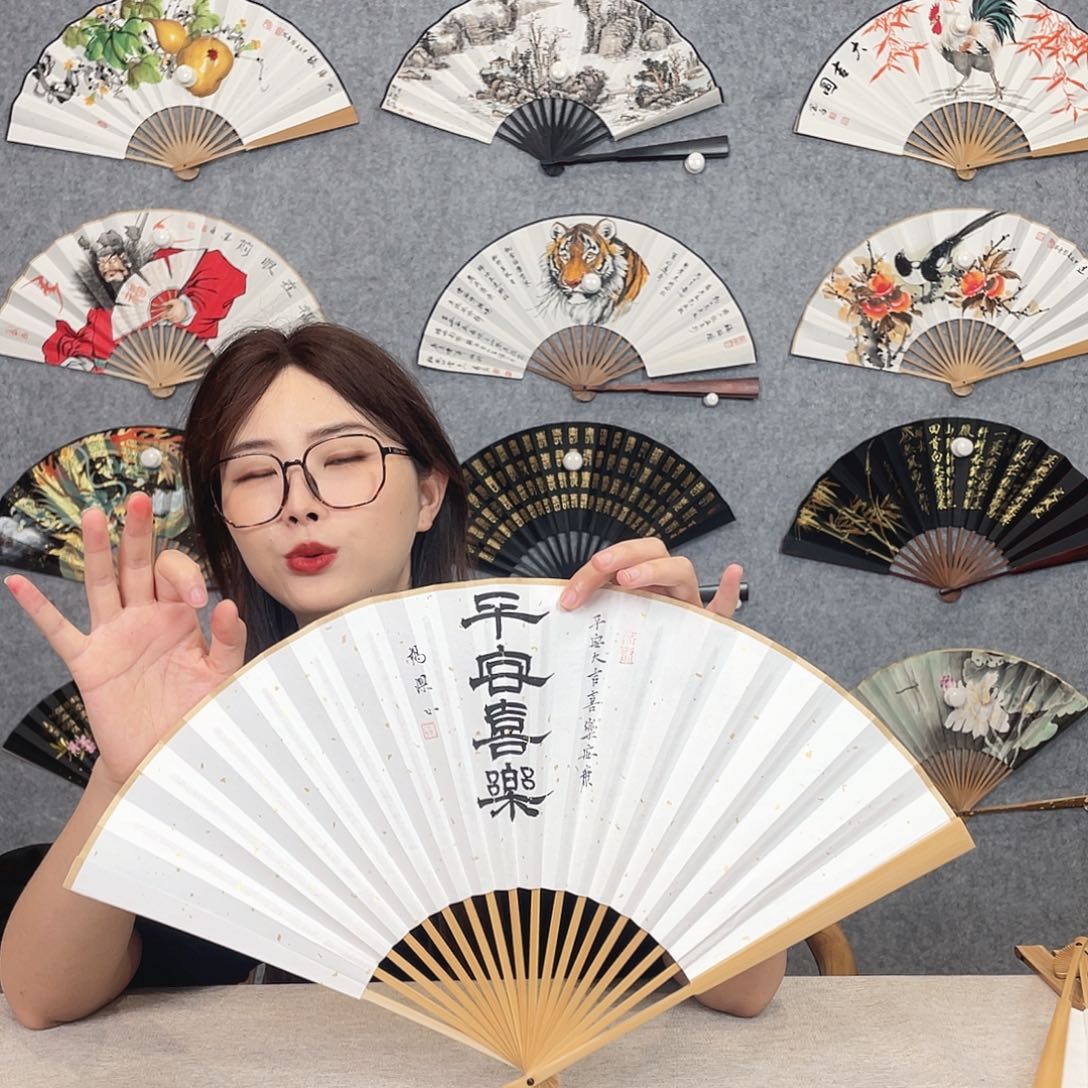 国画95寸水磨玉竹纯手绘-文玩扇骨（默认粘好）