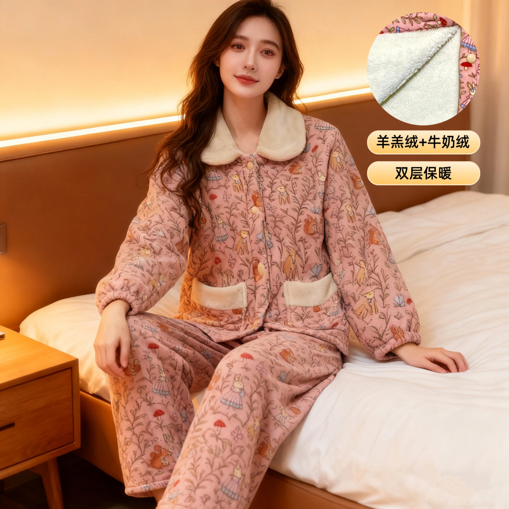 【羊羔绒+牛奶绒】睡衣女双层加厚冬季加绒家居服冬季可外穿套装