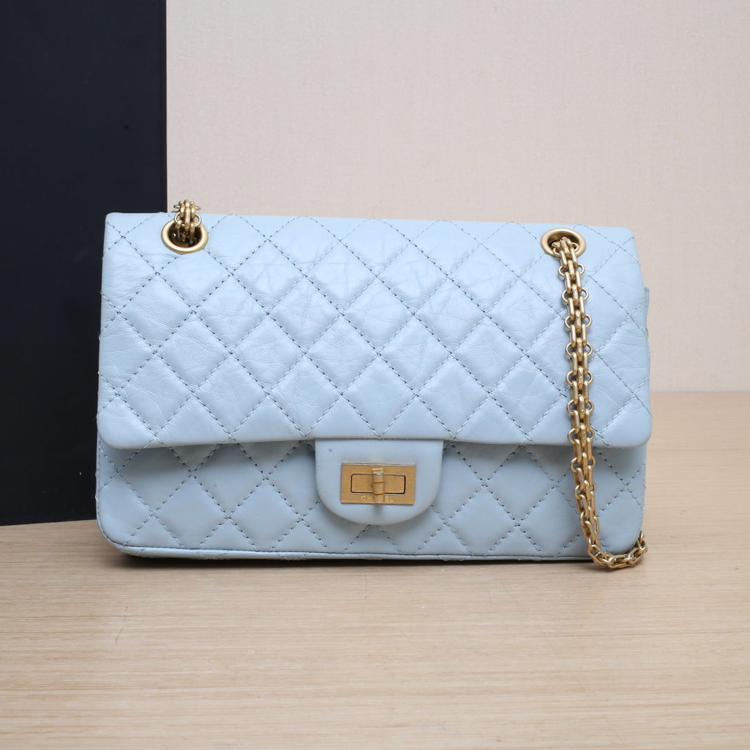 95新 Chanel/香奈儿 【黑黑】2.55 口盖包 小号 蓝色 皮革C 金扣