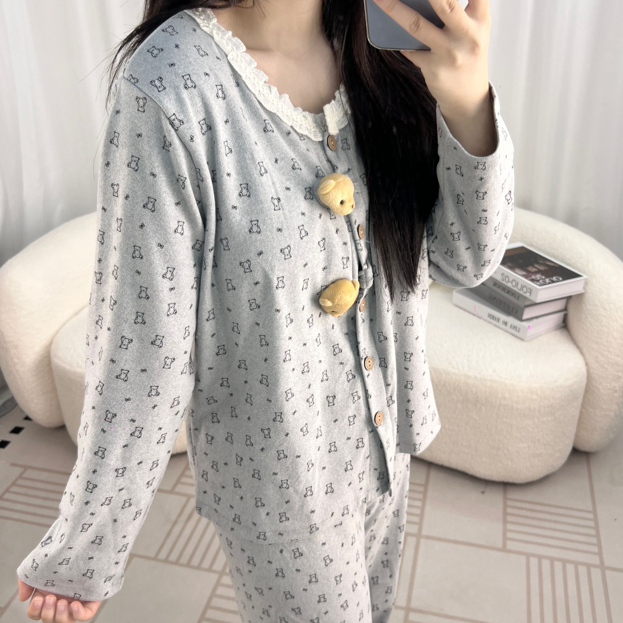 秋冬款德绒少女睡衣长袖带胸垫保暖亲肤家居服套装可外穿睡衣套装