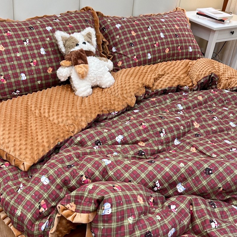 重工花边工艺款棉加绒四件套一面a类母婴级双层纱 单面绒保暖套件