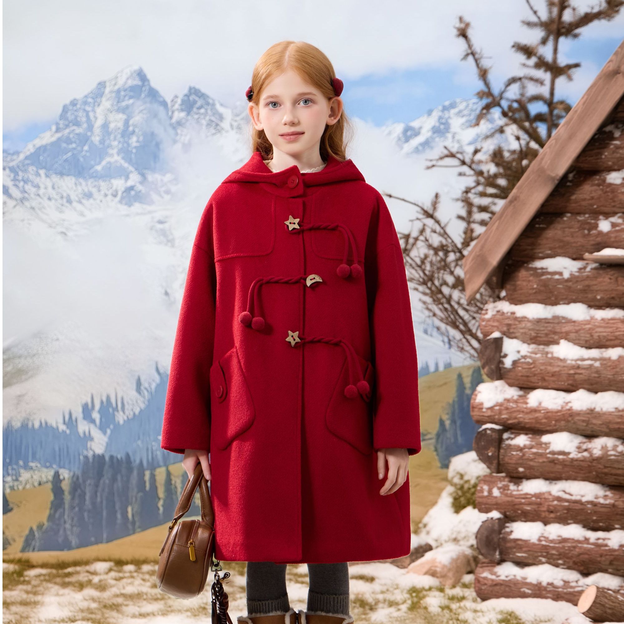 达人连帽呢子大衣2025年秋冬新款中大童红色毛呢外套儿童4077