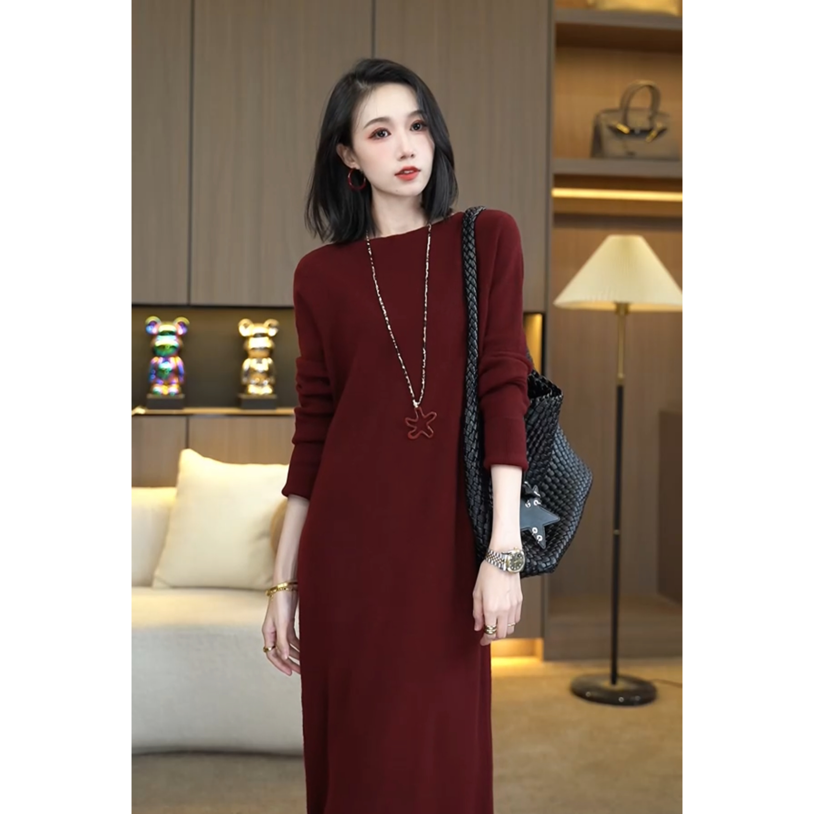 欧颍昇2025气质入秋穿搭百搭慵懒风女装时尚显瘦针织连衣裙子7325