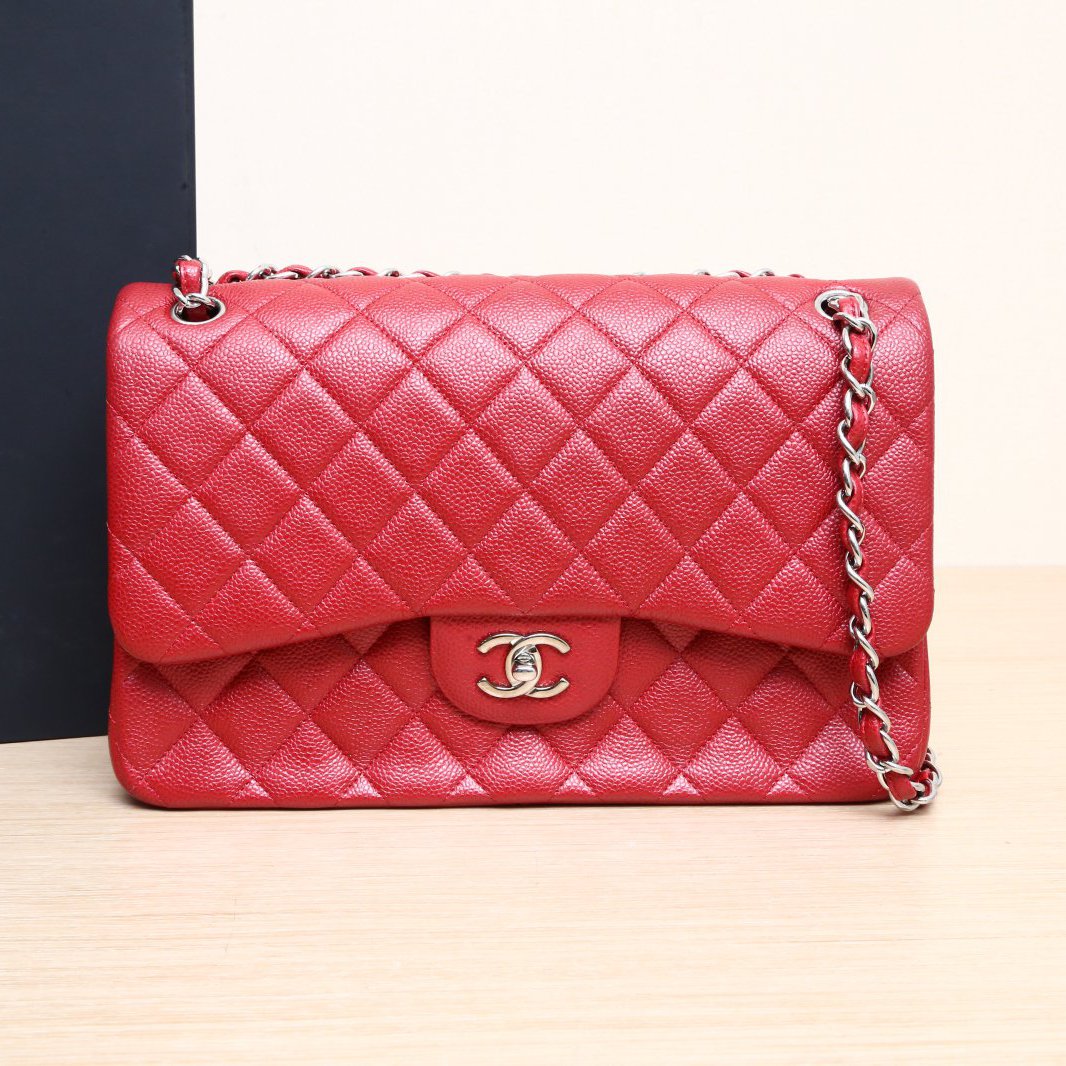 95新 Chanel/香奈儿 小花柳 CF 口盖包 JUMBO 红色 20开 银扣 