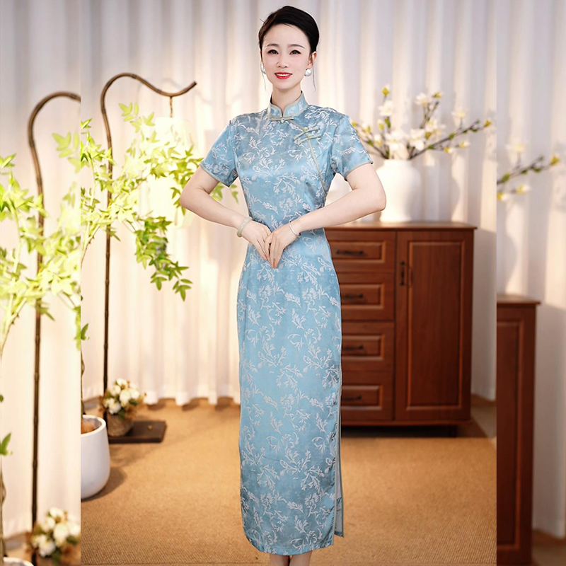 【德喜娟18】2025春夏新款高端印花复古中国风走秀长款旗袍连衣裙