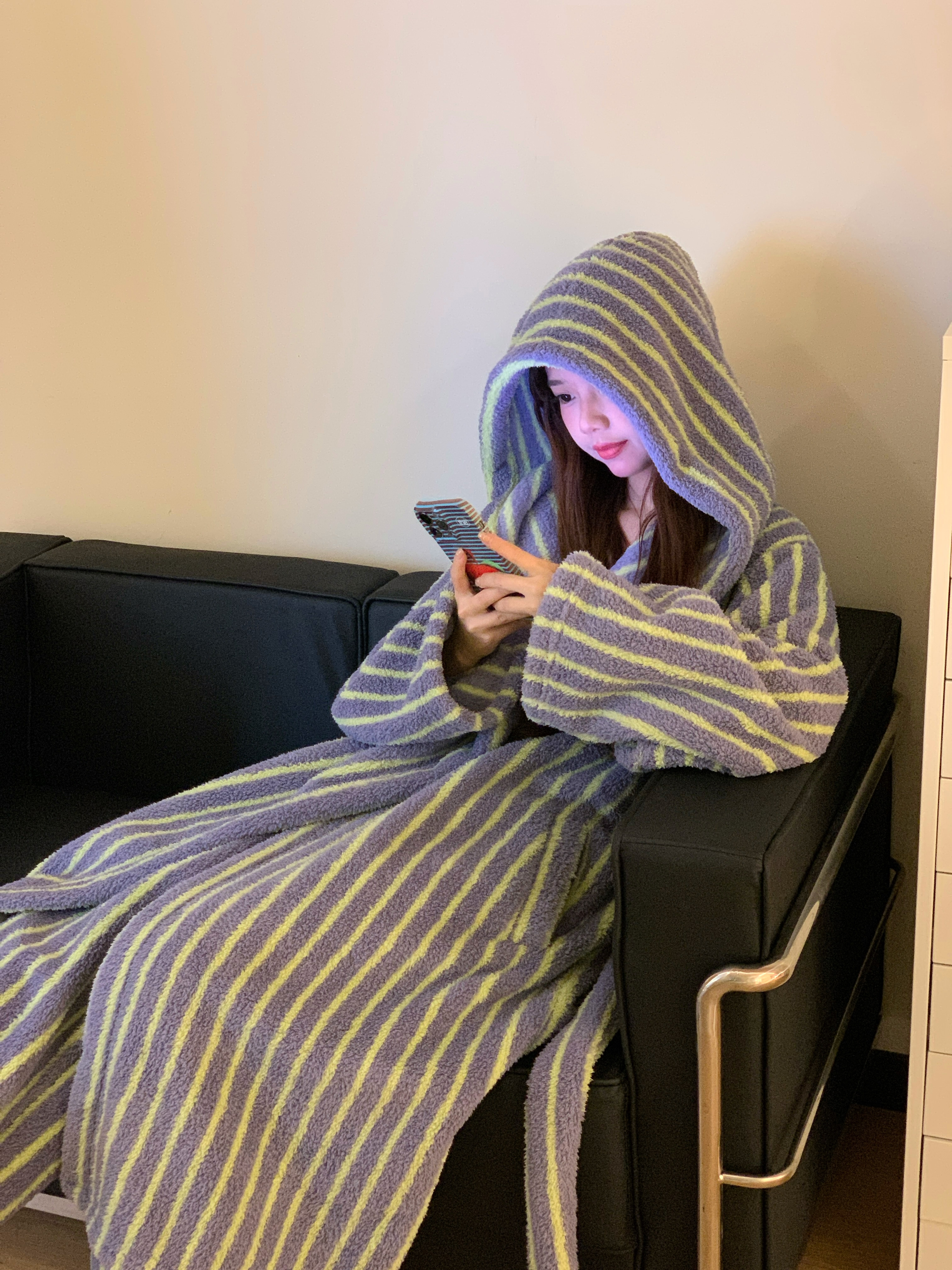 韩系高级感条纹珊瑚绒睡衣女冬季大码加绒加厚保暖睡袍家居服套装