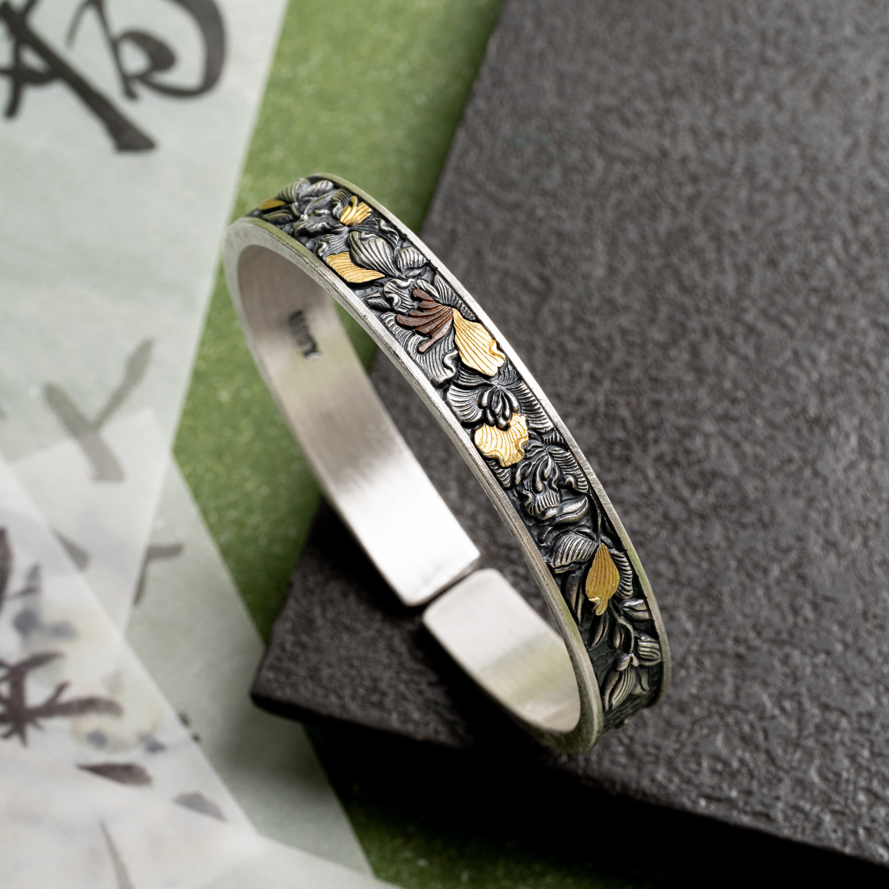 足银手镯   茶花情丨纯手工錾刻金银错工艺复古小清新国风约50g