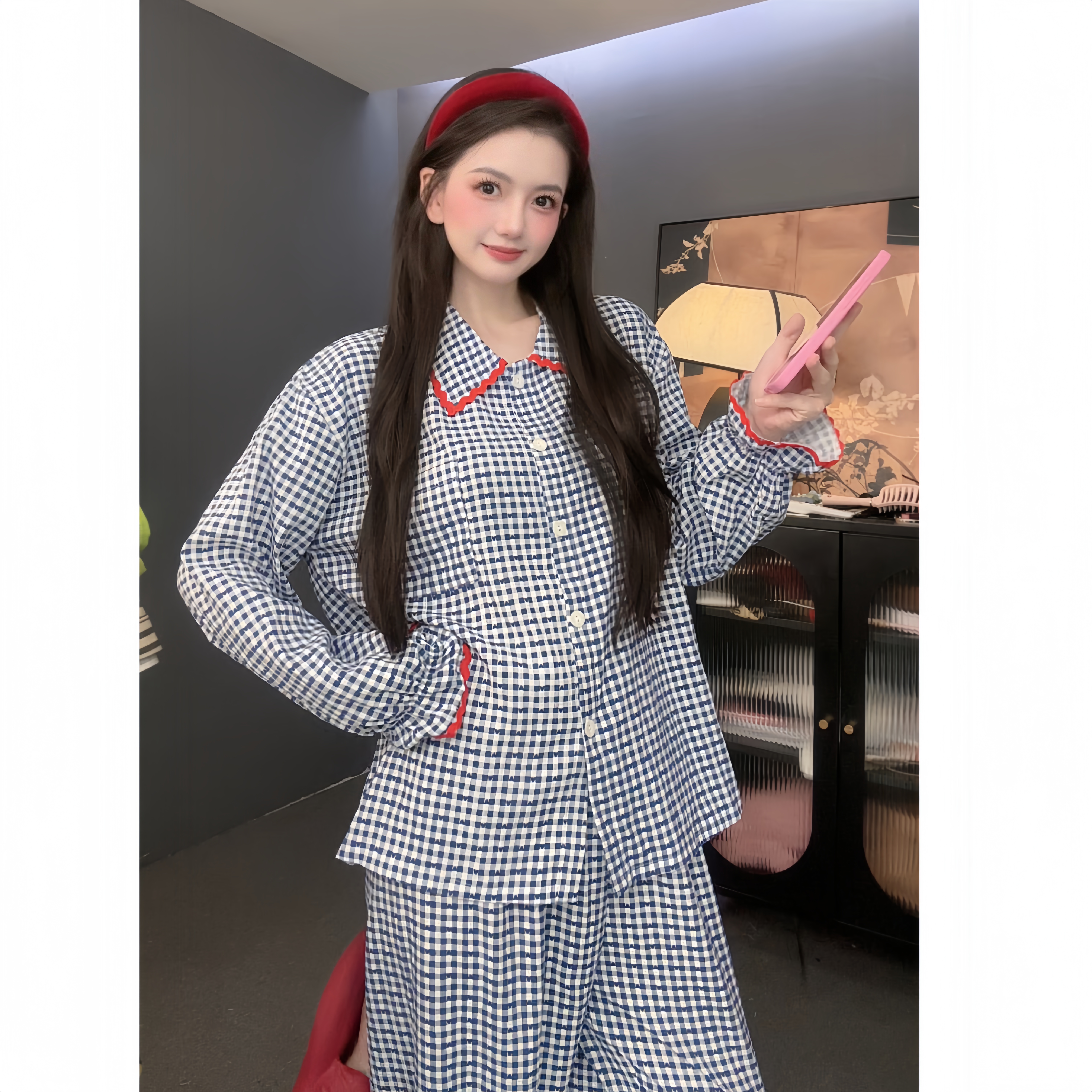 【蓝格子】设计云朵棉长袖家居服套装春秋季可外穿条纹睡衣女