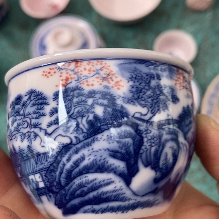 摆件陶红稀土山水釉里红大缸杯