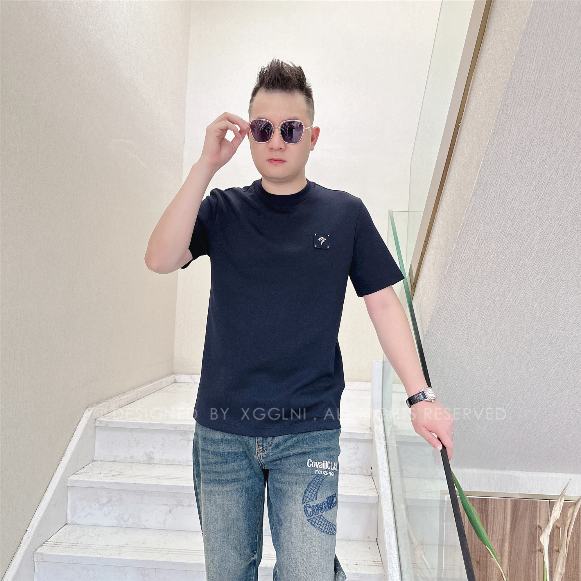 秋冬款GF拼接方形内GF字母男士品质高端轻奢洋气时尚潮牌短袖t恤