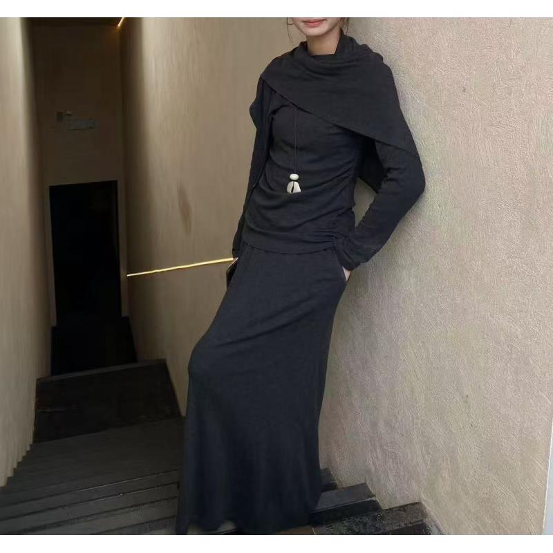 5672号#秋冬纯色收腰上衣+口袋半裙配披肩三件套E4-31