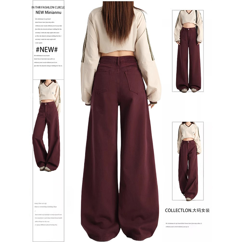 胖mm大码女装韩系安可拉红牛仔裤女冬季高腰显瘦裤子休闲阔腿女裤