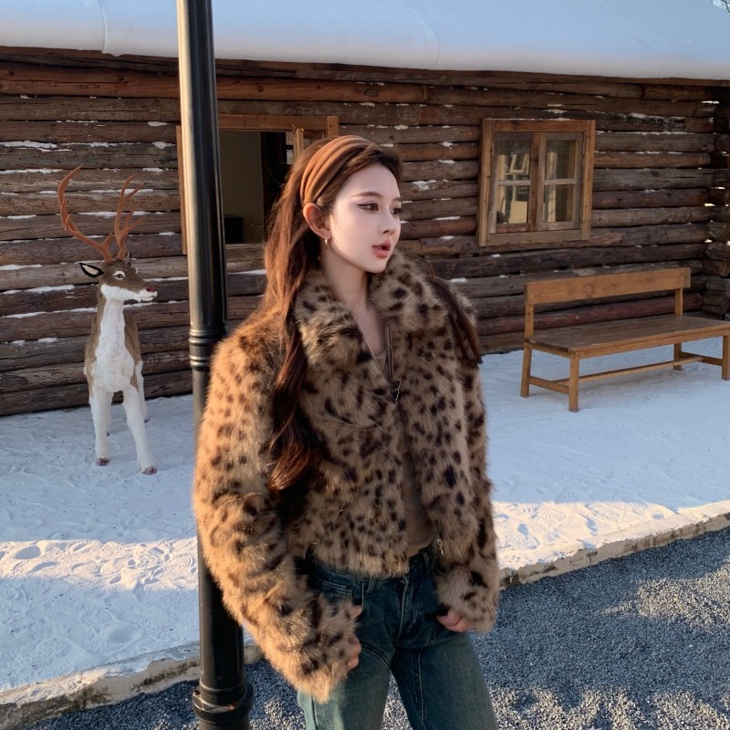 毛毛外套咖色豹纹环保皮草外套宽松休闲女秋冬季短款高级感保暖女