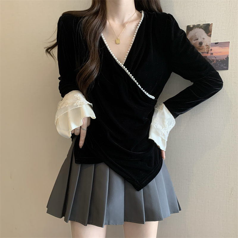 大码设计感V领钉珠丝绒长袖打底衫女秋冬胖mm高级感气质显瘦上衣