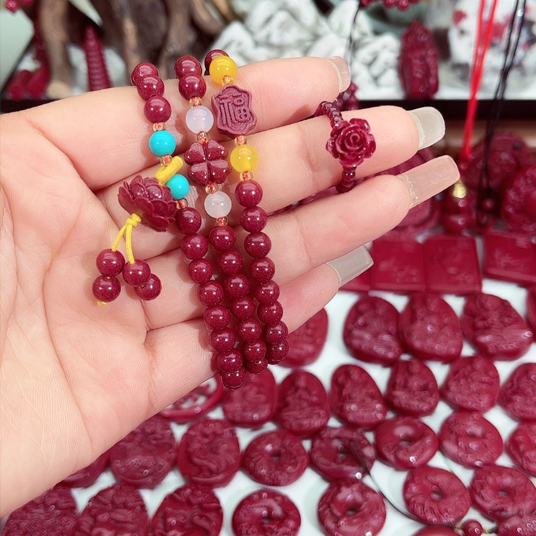 天然辰砂?****?正品紫金砂莲花三圈手链