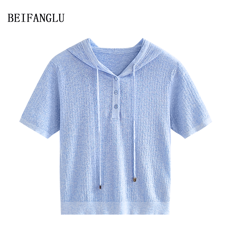 北方鹿 夏季肌理感舒适透气亚麻棉休闲百搭连帽针织短袖T恤女1675