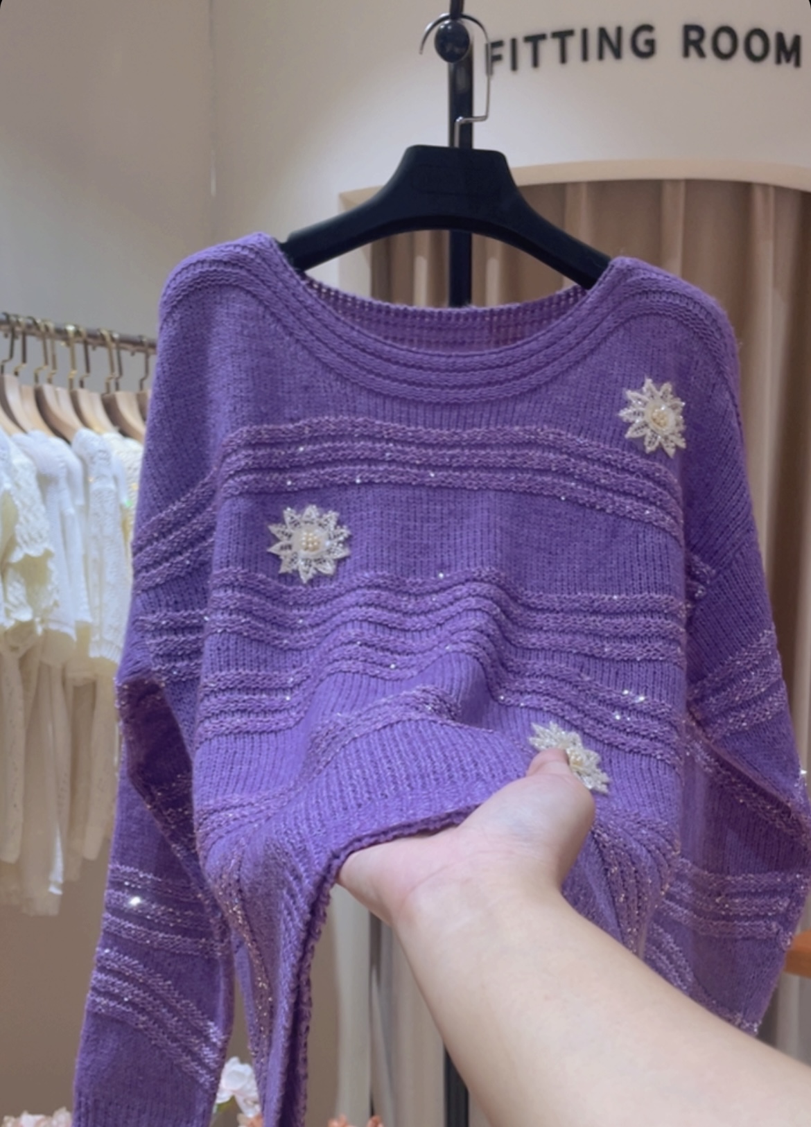 （小曾）早秋立体珍珠花亮片薄款甜美针织套头衫