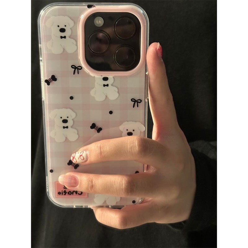 粉格纹小狗苹果16手机壳vivox200华为iqooneo9小米opporeno13荣耀
