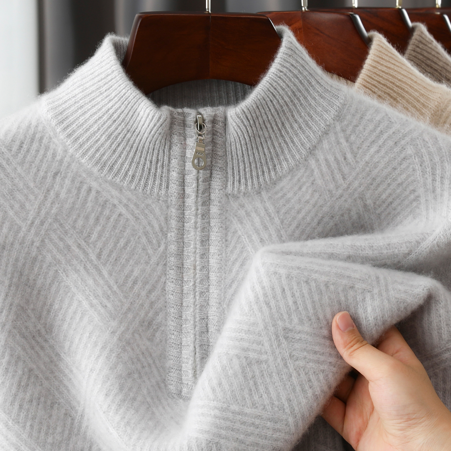 半高拉链套头纯羊绒毛衣男士加厚纯色宽松翻领保暖商务休闲针织衫