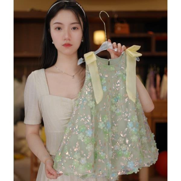 【Y.d3001】2025新款女童夏季亮片背心裙女童甜美碎花仙气连衣裙