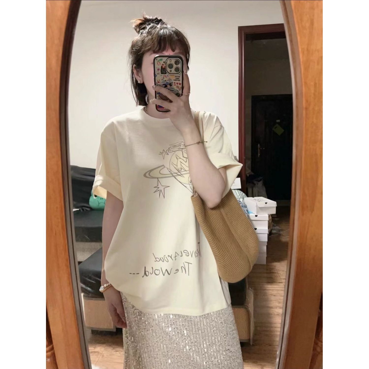 莫代尔短袖t恤女夏季新款印花甜美休闲宽松百搭设计显瘦上衣