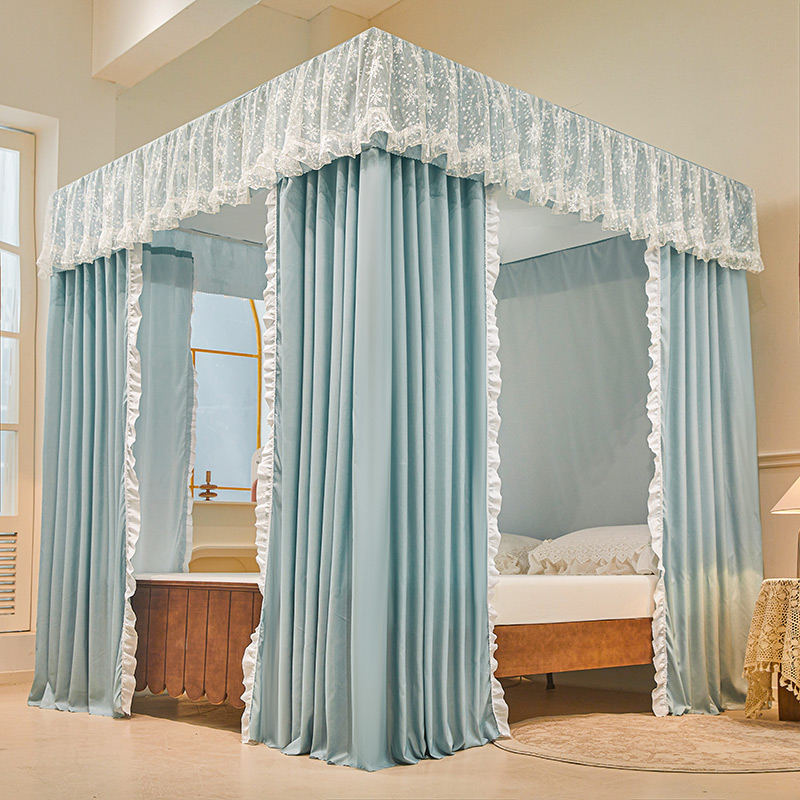 2025纯色花边【床帘+支架】 床帘蚊帐一体式家用落地遮光卧室防尘