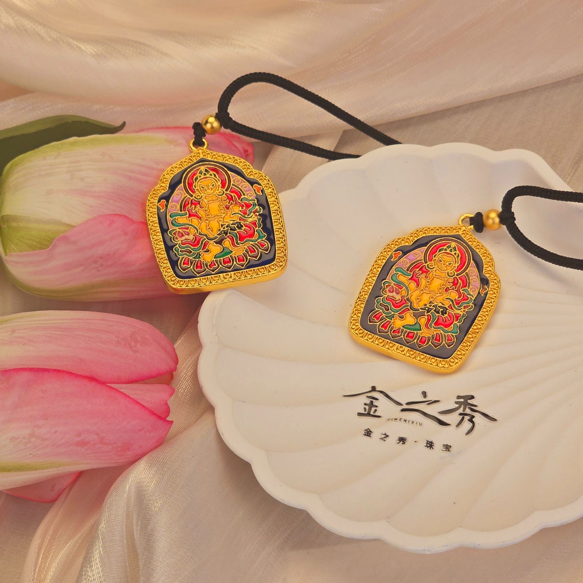 金之秀珠宝  珐琅彩黄财神双面编绳彩色挂坠七夕送礼物