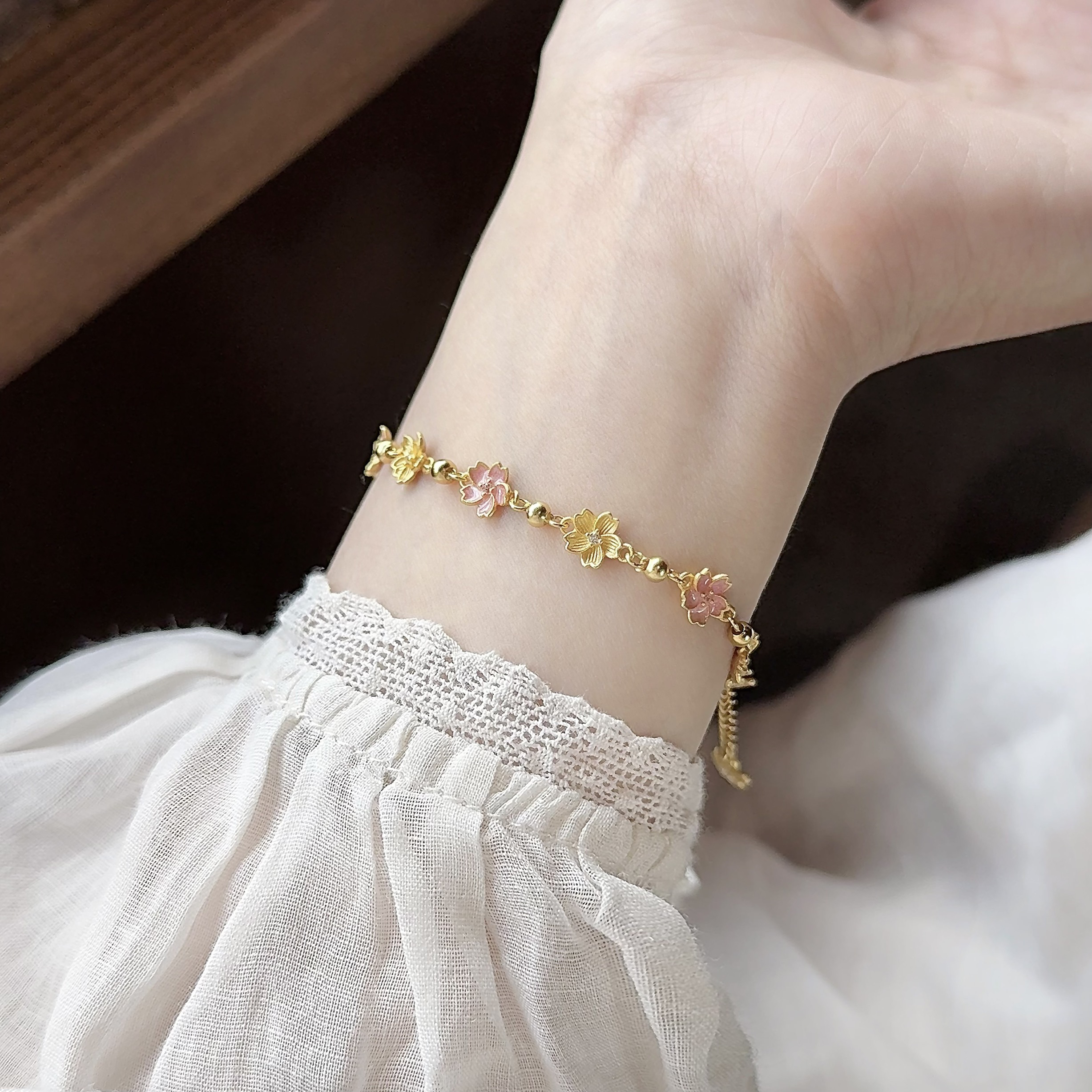 足银珐琅手链 落樱 银奶奶足银999.9新中式珐琅彩樱花银手镯