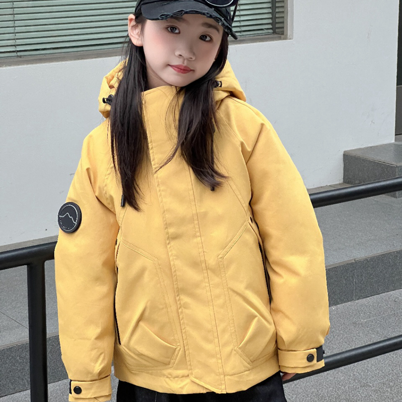 90%白鸭绒工装羽绒服男女童2025新款户外防风亲子装登山外套