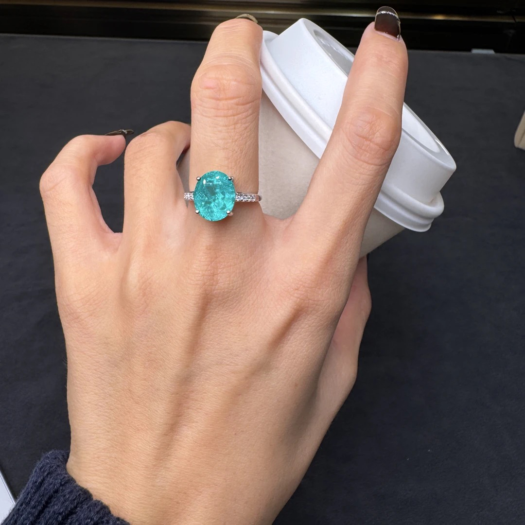 新款冰裂碧玺帕拉伊巴马尔代夫蓝绿色925开口戒12002