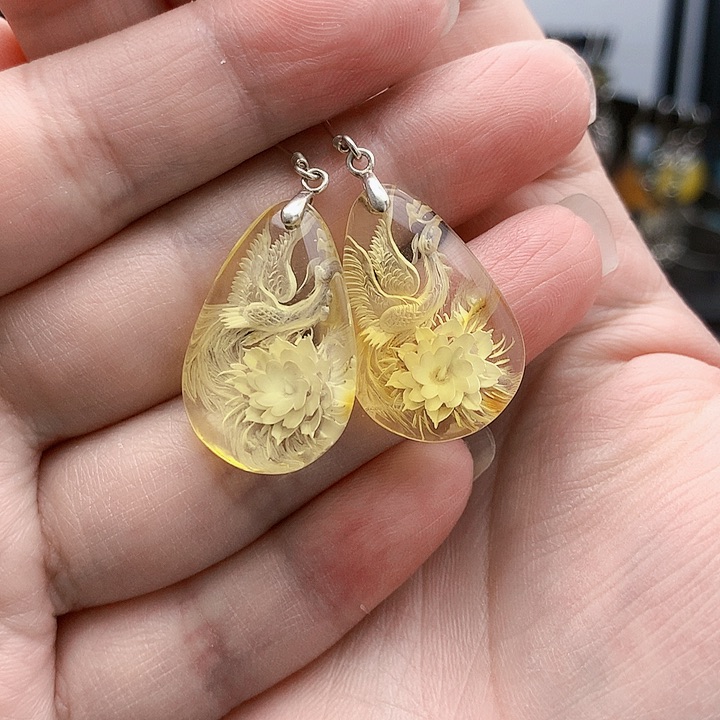 琥珀裸石银S925镶嵌耳坠