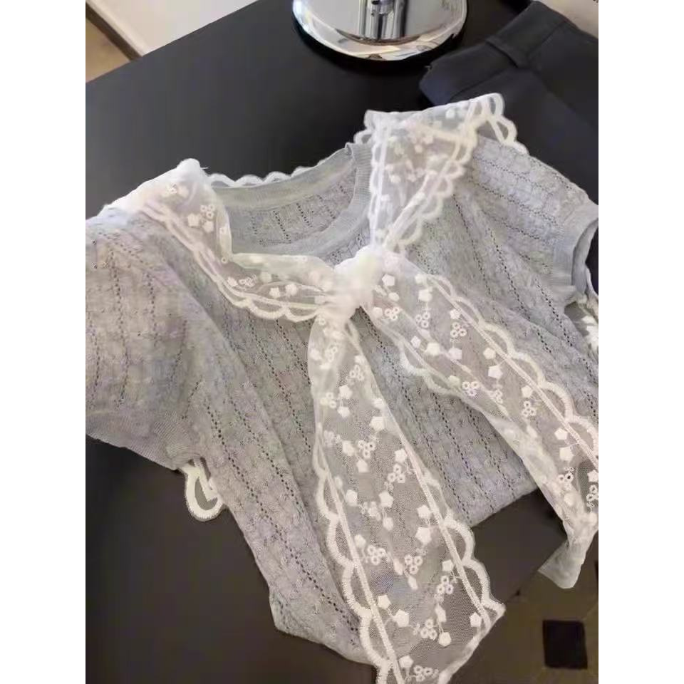 7019两件套灰色蕾丝披肩叠穿针织短袖T恤夏新款修身显瘦百搭上衣