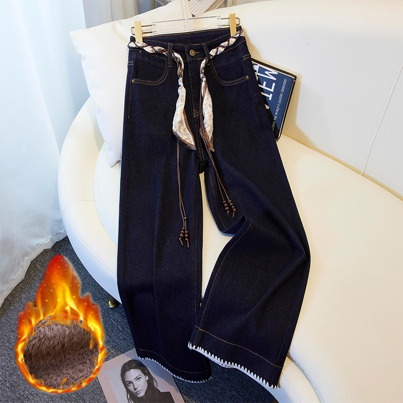 加绒加厚显瘦丹宁风牛仔九分烟管裤女奶奶裤直筒裤女新款女裤3328