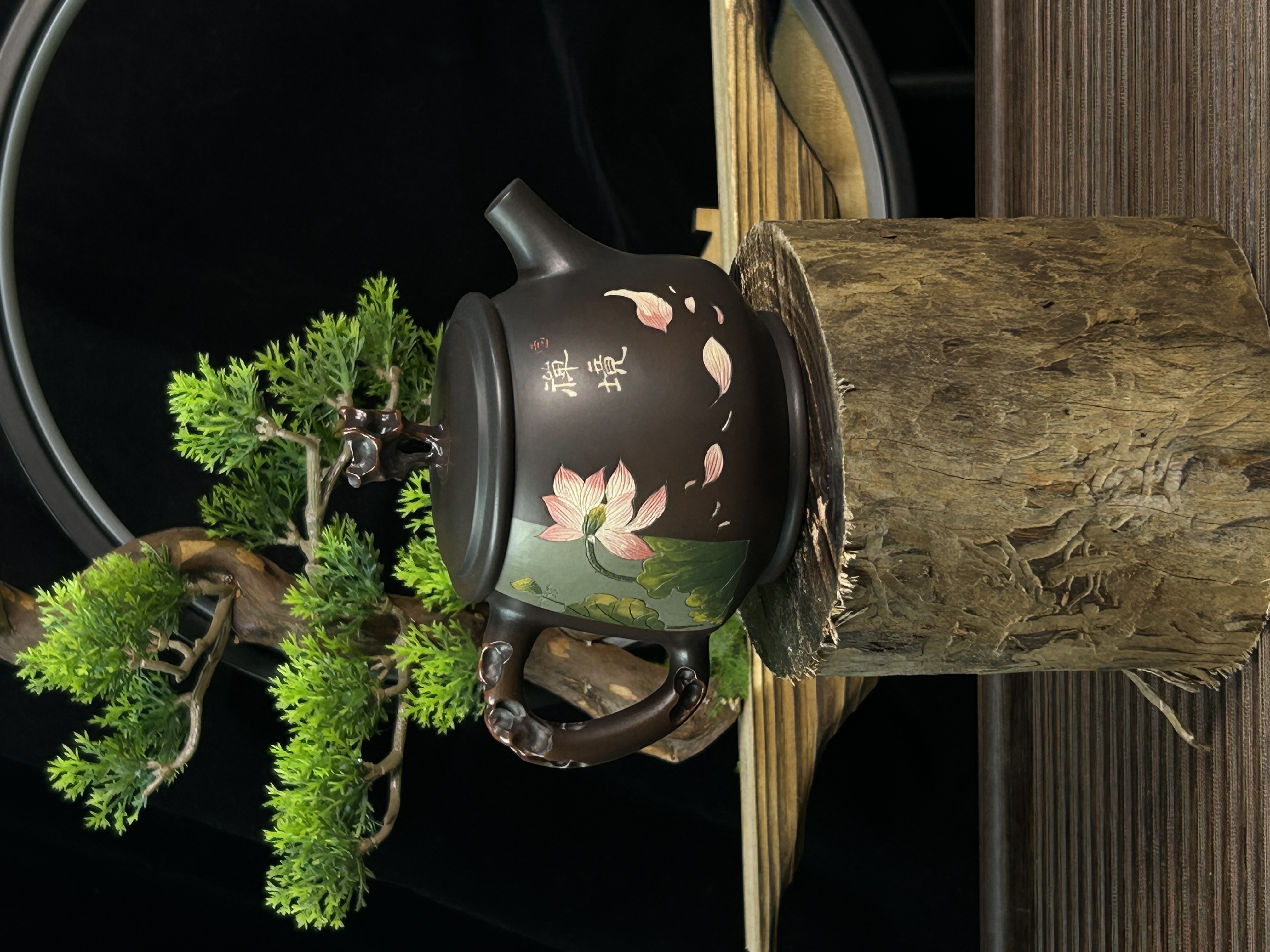 云南建水紫陶<仿生根艺多道彩填>阴刻阳填精品全手工约250ml