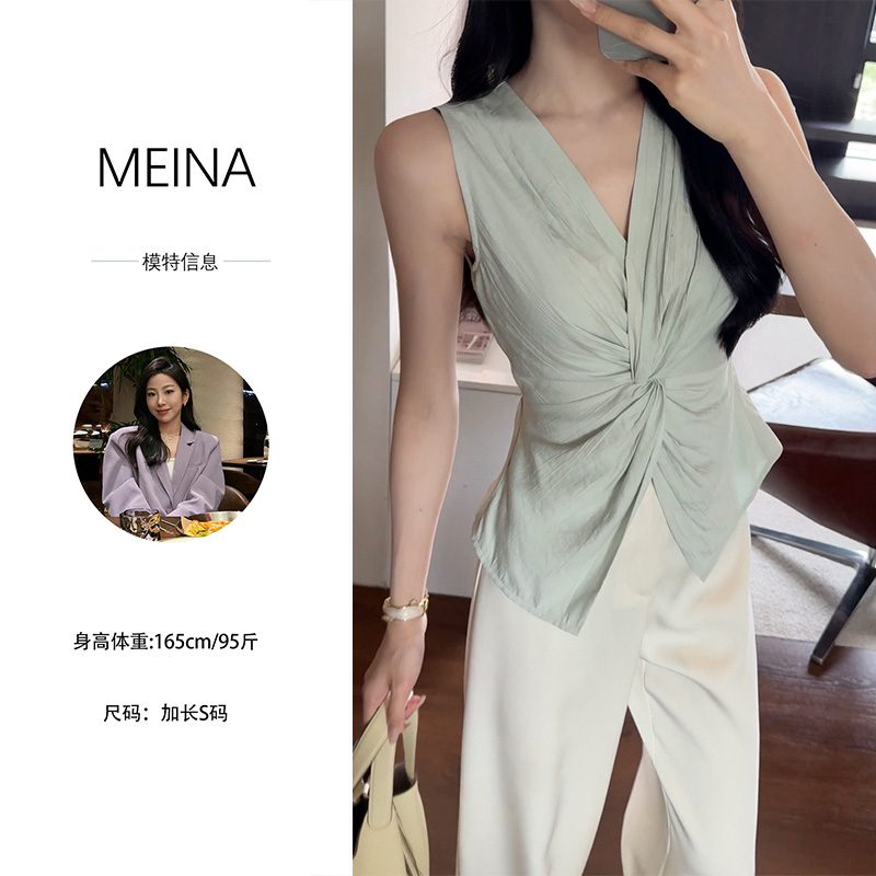 MEINA2【莫奈花园】V领扭结无袖设计感辣妹高级瘦腰显瘦衬衫上衣