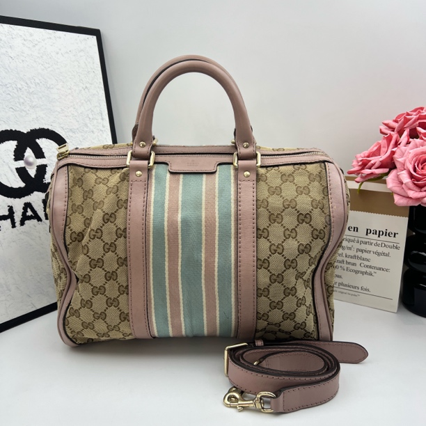 95新 GUCCI/古驰 8365/老花粉蓝手提斜挎波士顿枕头包