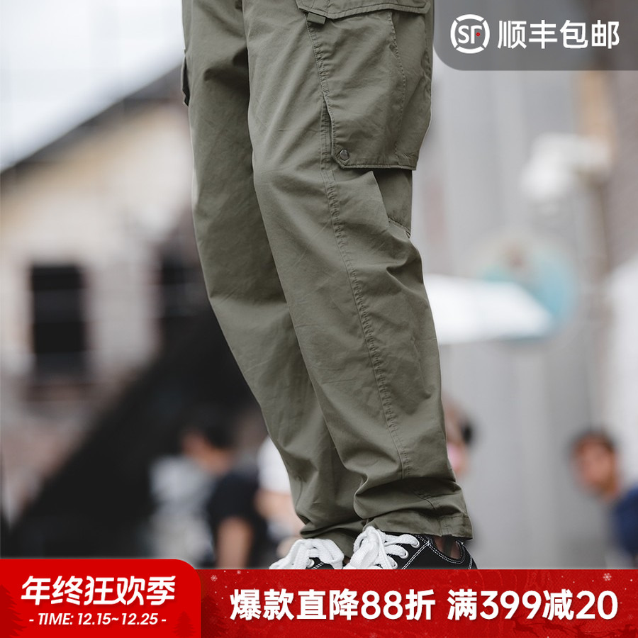 马登工装美式弯刀休闲裤大口袋机能工装裤户外直筒束脚裤男士抽绳
