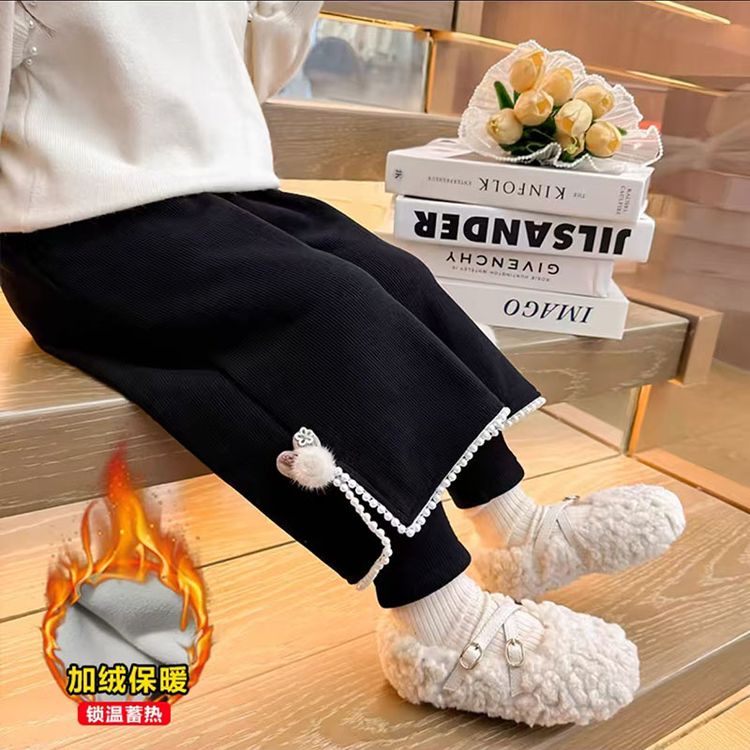 女童加绒裤子秋冬款2025新款儿童洋气冬季一体薄绒卫裤宝宝阔腿裤