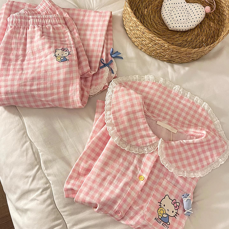 粉格娃娃领KT春秋长袖睡衣女新款可爱甜美少女蕾丝花边家居服套装