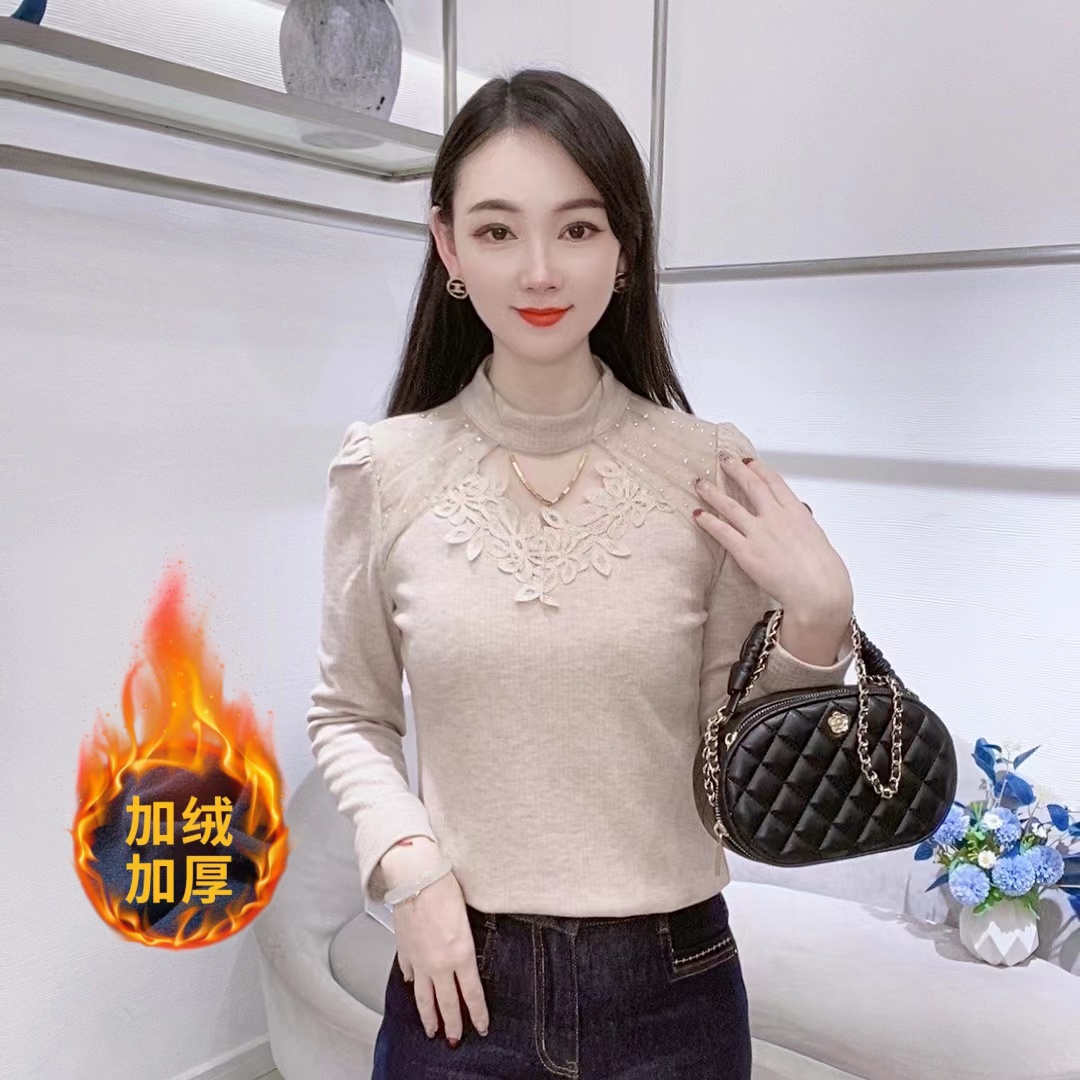 A9180设计长袖女花边拼接半高领冬季新款显瘦百搭洋气上衣