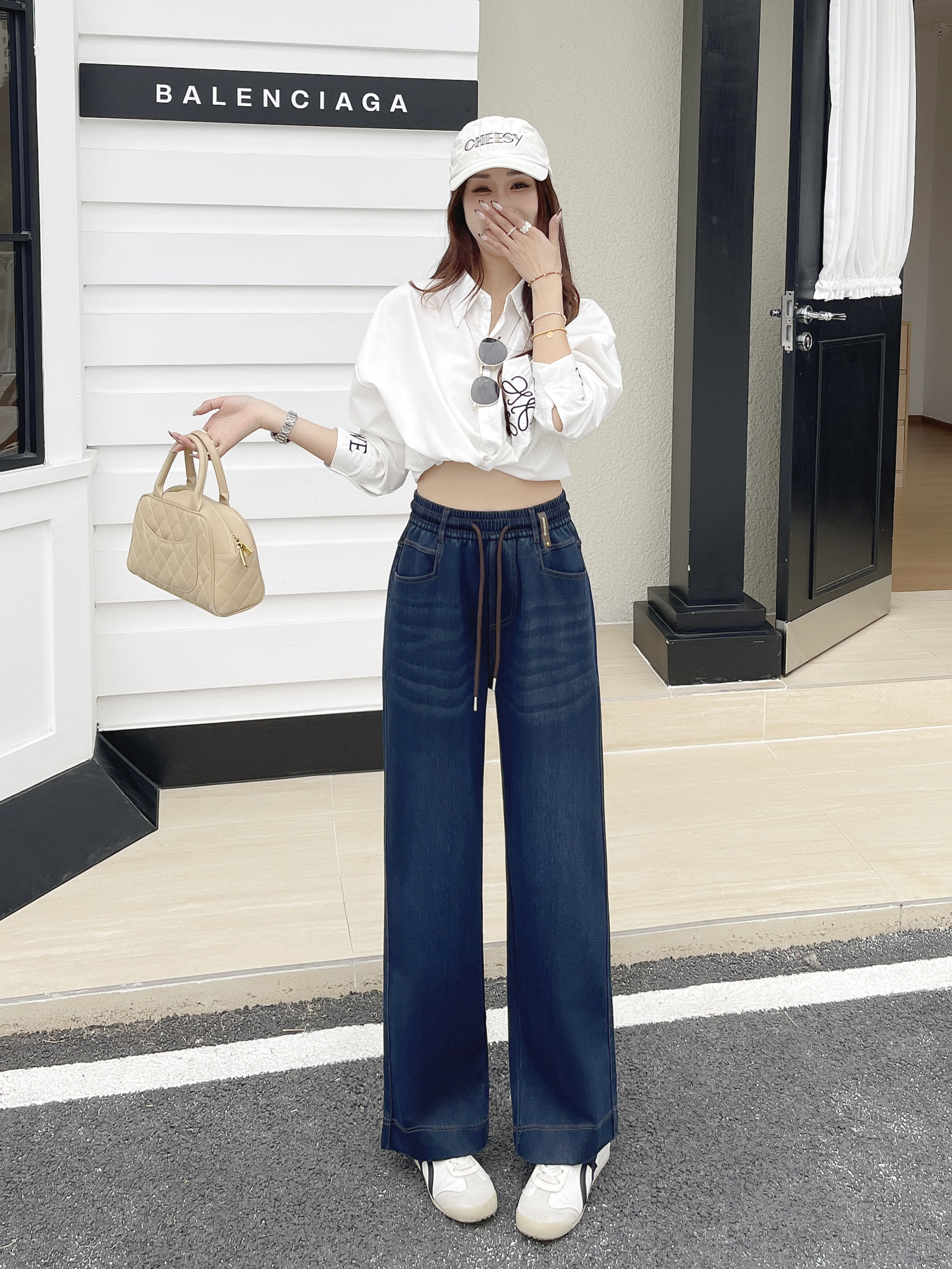 【商超正品】女士阔腿裤2026年春季新款高腰水洗软牛仔人字纹竖标