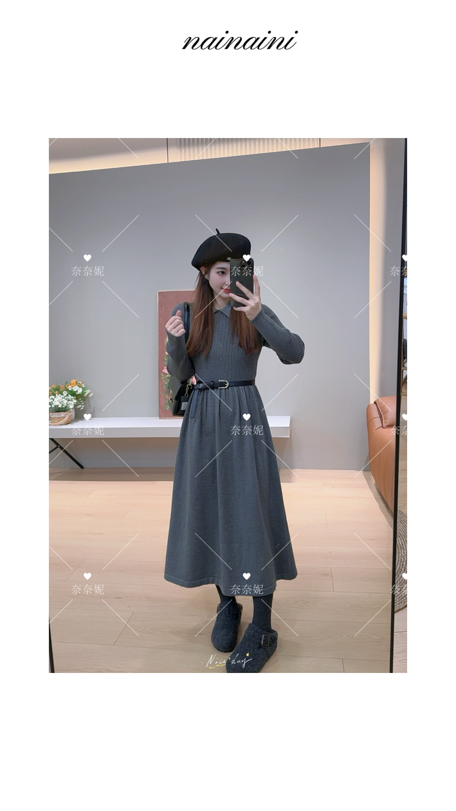 奈奈妮【留洋千金】针织连衣裙2025小个子秋冬洋气百搭（带腰带）5367