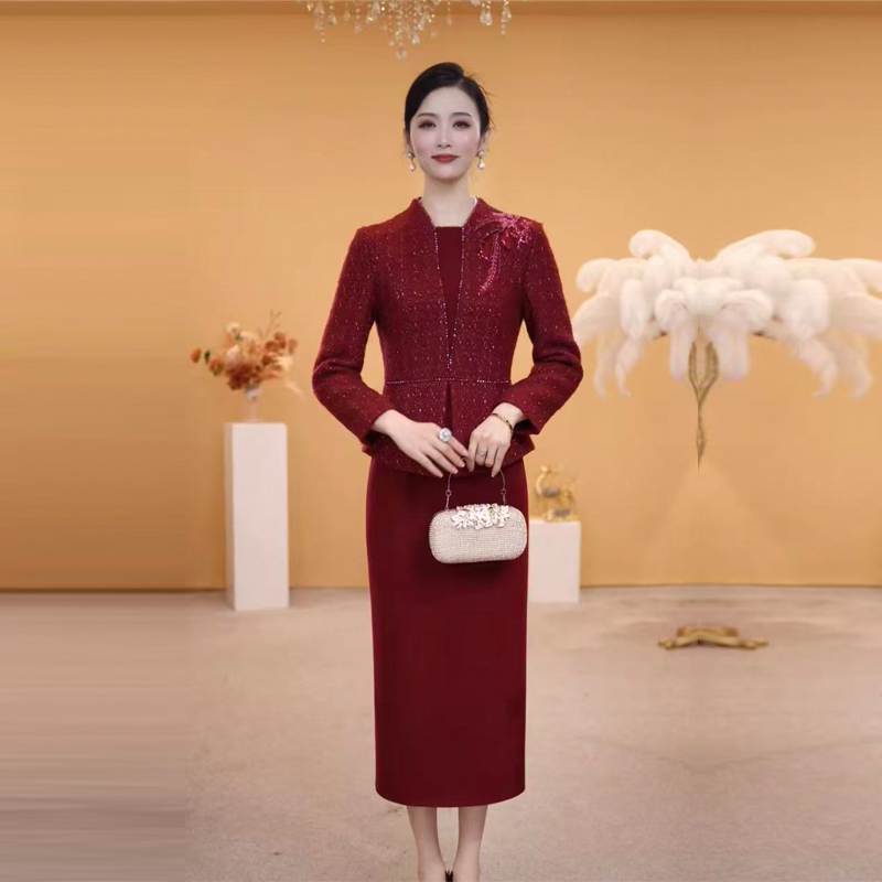 加厚秋冬小香风连衣裙高贵优雅婚宴喜婆婆系妈妈礼服连衣裙新年装
