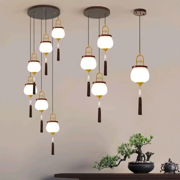 新中式多头数餐厅餐吊灯实木圆形吧台玄关卧室床头中国风复古灯具