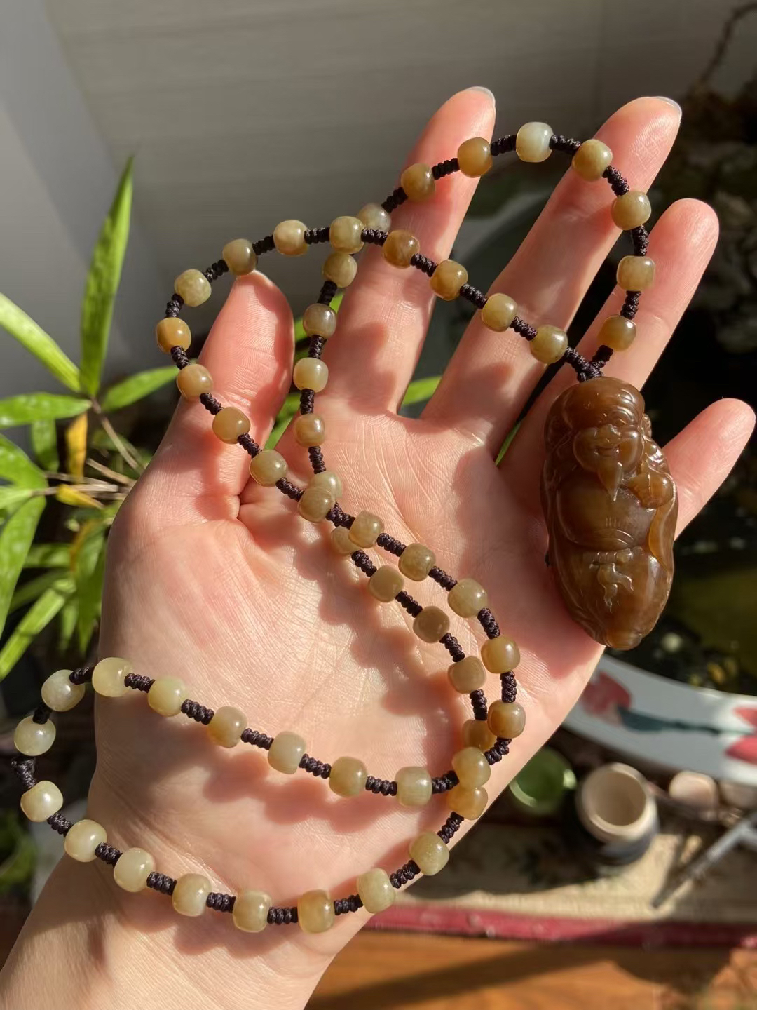 和田玉糖料纯色项链财神一套挂件吊坠项链编织雕刻站财神玉坠